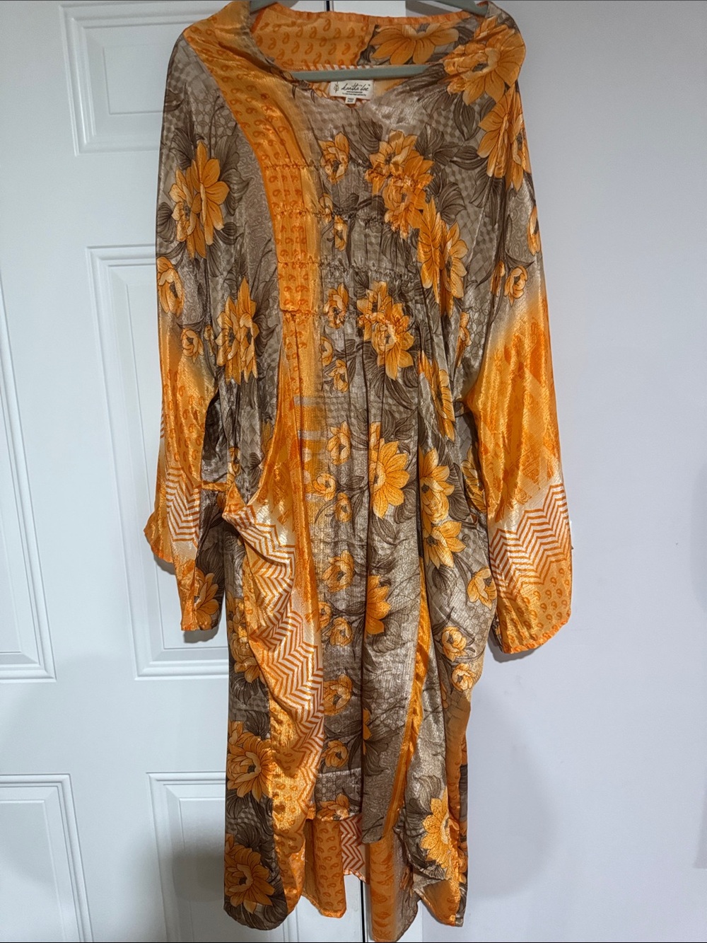 Vintage-Inspired Orange and Brown Floral Long Sleeve Dress